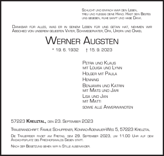 Traueranzeige von Werner Augsten von Siegener Zeitung