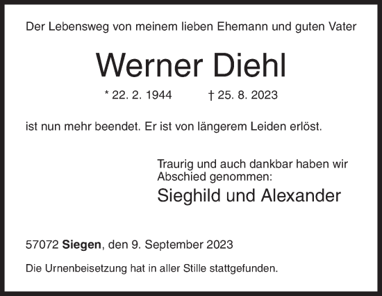 Traueranzeige von Werner Diehl von Siegener Zeitung
