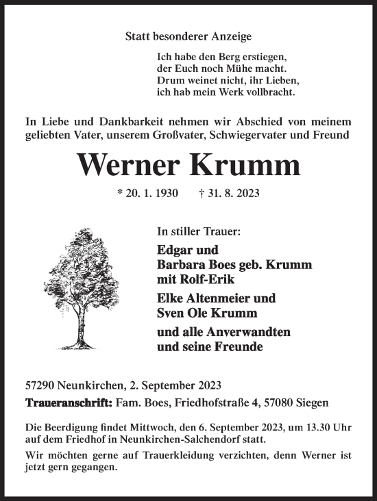 Traueranzeige von Werner Krumm von Siegener Zeitung