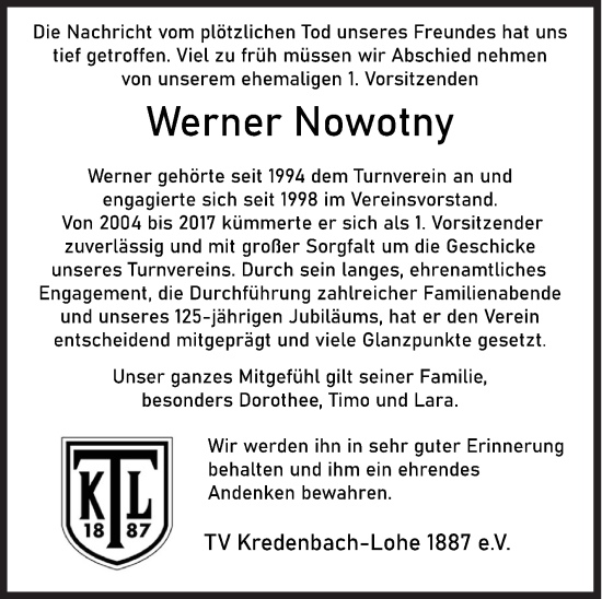 Traueranzeige von Werner  Nowotny von Siegener Zeitung
