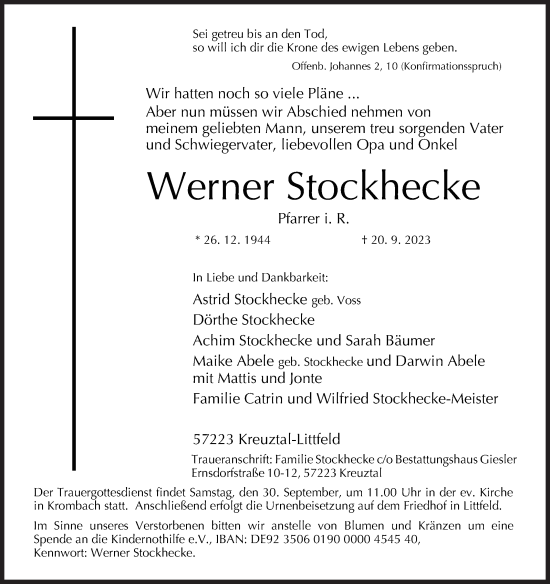 Traueranzeige von Werner Stockhecke von Siegener Zeitung