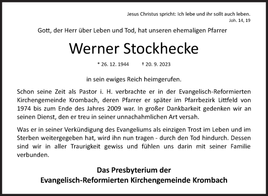 Traueranzeige von Werner Stockhecke von Siegener Zeitung
