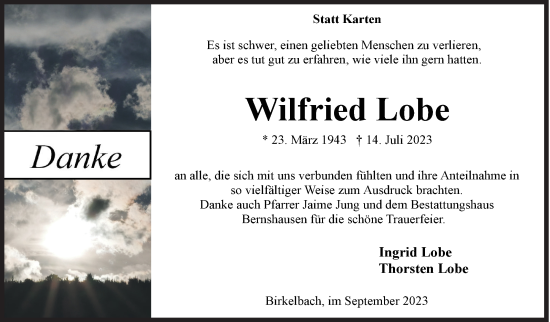 Traueranzeige von Wilfried Lobe von Siegener Zeitung