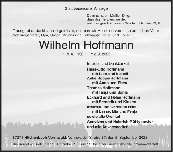 Traueranzeige von Wilhelm Hoffmann von Siegener Zeitung