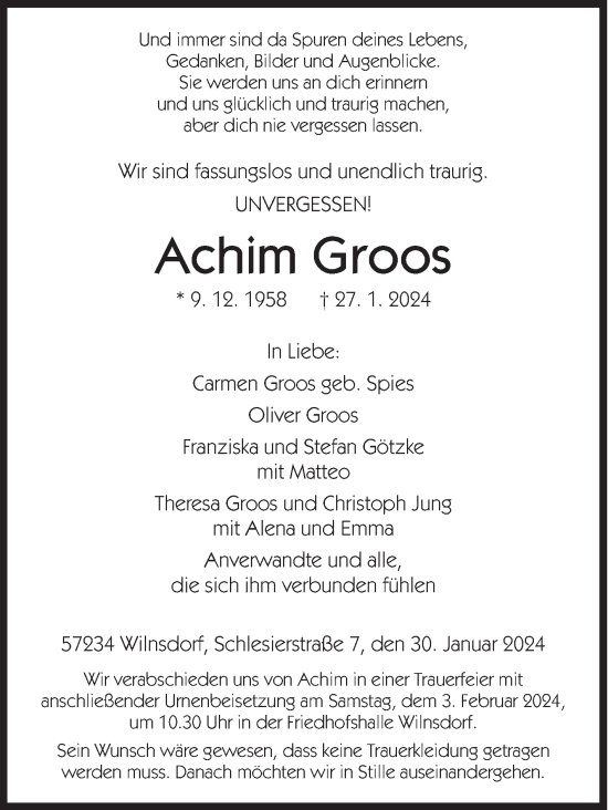 Traueranzeige von Achim Groos von Siegener Zeitung