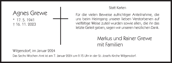 Traueranzeige von Agnes Grewe von Siegener Zeitung