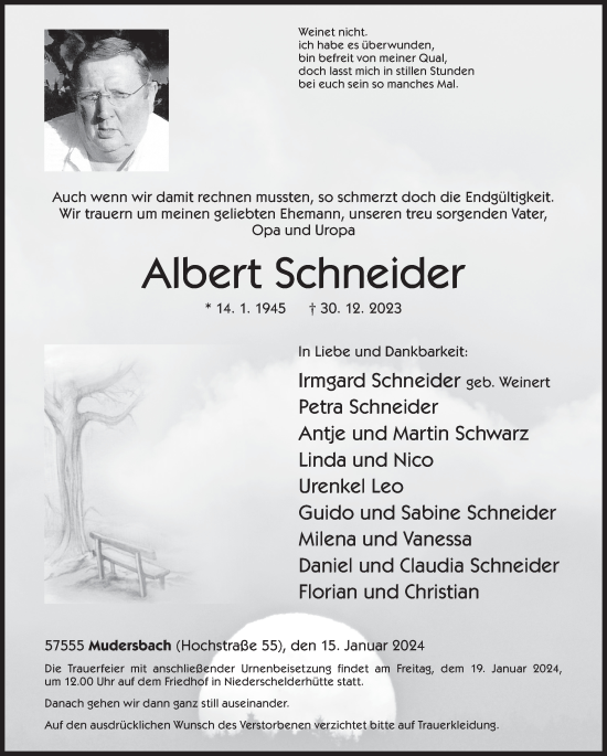 Traueranzeige von Albert Schneider von Siegener Zeitung