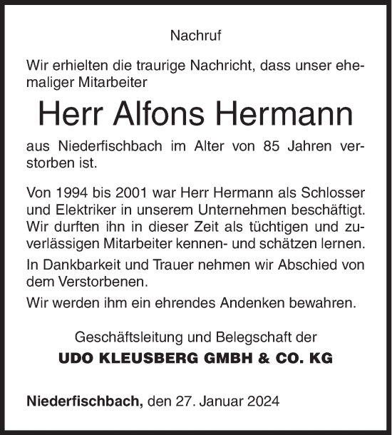 Traueranzeige von Alfons Hermann von Siegener Zeitung