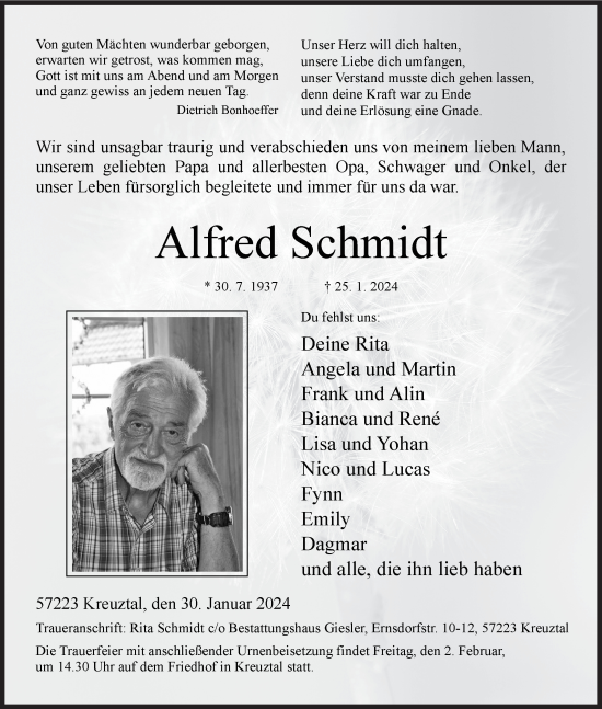 Traueranzeige von Alfred Schmidt von Siegener Zeitung