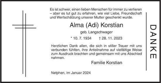 Traueranzeige von Alma Korstian von Siegener Zeitung