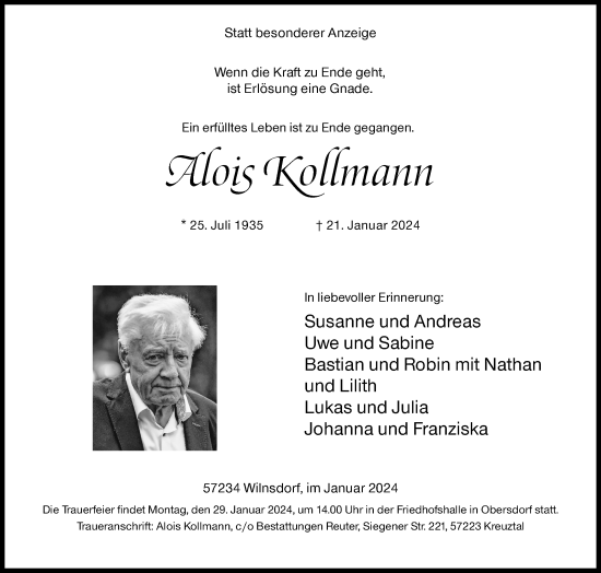 Traueranzeige von Alois Kollmann von Siegener Zeitung