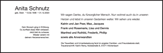 Traueranzeige von Anita Schnutz von Siegener Zeitung