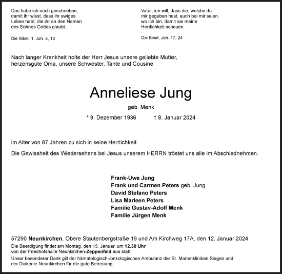 Traueranzeige von Anneliese Jung von Siegener Zeitung