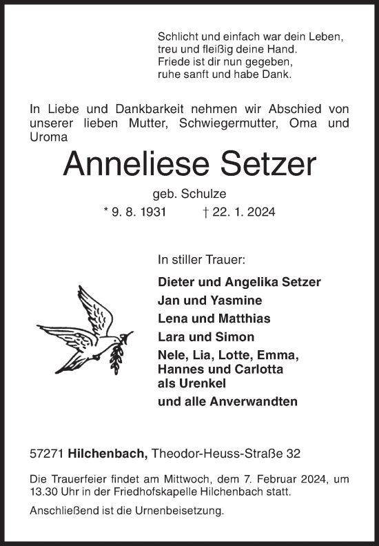 Traueranzeige von Anneliese Setzer von Siegener Zeitung