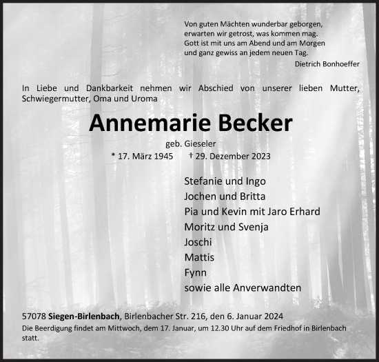 Traueranzeige von Annemarie Becker von Siegener Zeitung