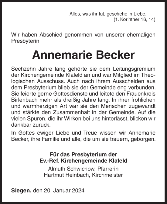 Traueranzeige von Annemarie Becker von Siegener Zeitung