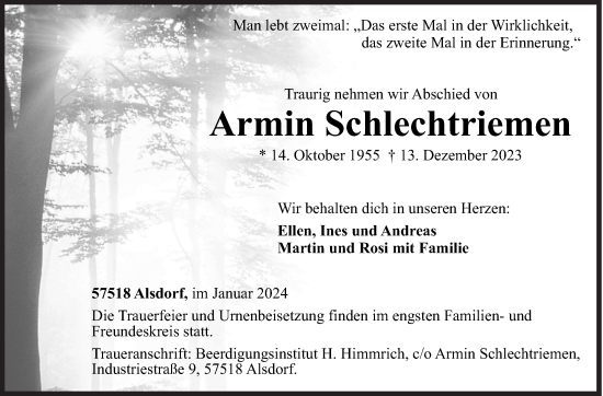 Traueranzeige von Armin Schlechtriemen von Siegener Zeitung