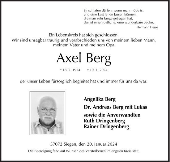 Traueranzeige von Axel Berg von Siegener Zeitung