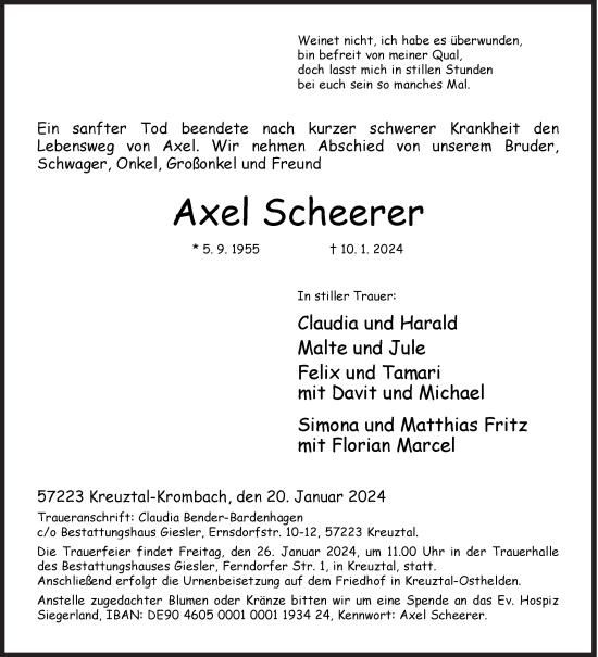 Traueranzeige von Axel Scheerer von Siegener Zeitung