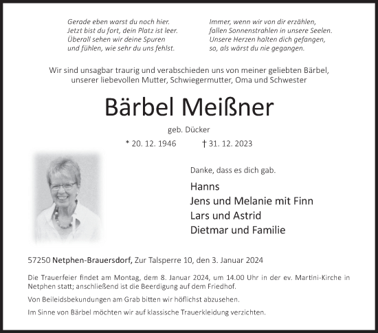 Traueranzeige von Bärbel Meißner von Siegener Zeitung