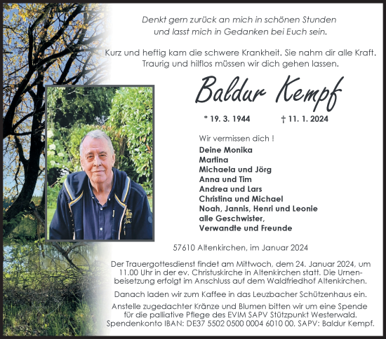 Traueranzeige von Baldur Kempf von Siegener Zeitung