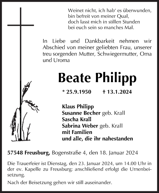 Traueranzeige von Beate Philipp von Siegener Zeitung