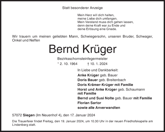 Traueranzeige von Bernd Krüger von Siegener Zeitung