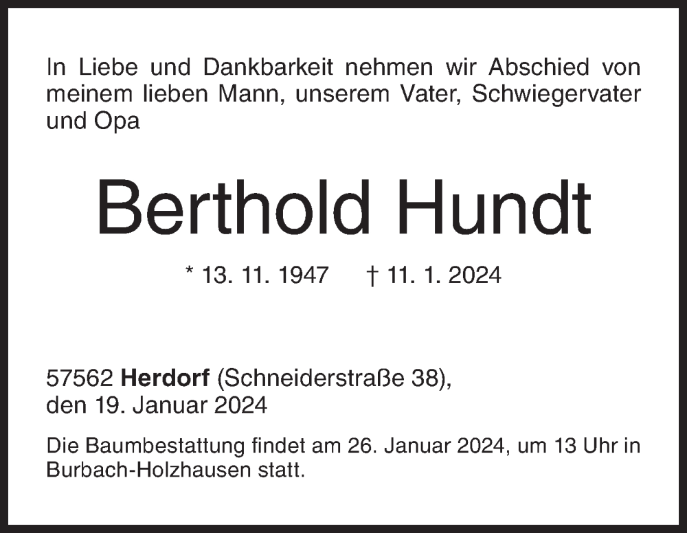  Traueranzeige für Berthold Hundt vom 20.01.2024 aus Siegener Zeitung