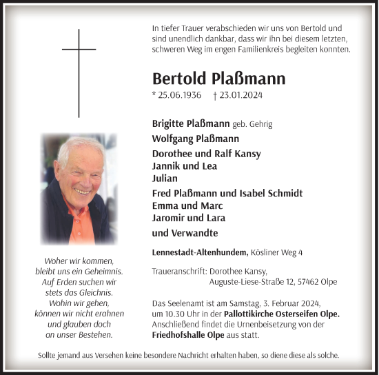 Traueranzeige von Bertold Plaßmann von Siegener Zeitung