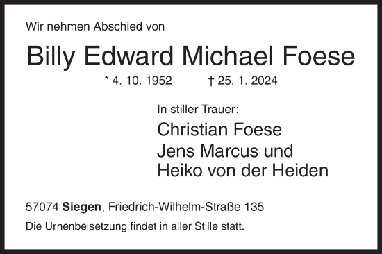 Traueranzeige von Billy Edward Michael Foese von Siegener Zeitung