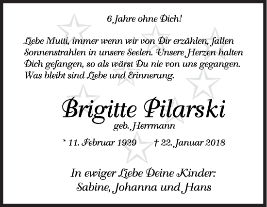 Traueranzeige von Brigitte Pilarski von Siegener Zeitung