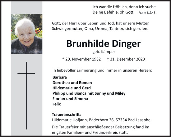 Traueranzeige von Brunhilde Dinger von Siegener Zeitung