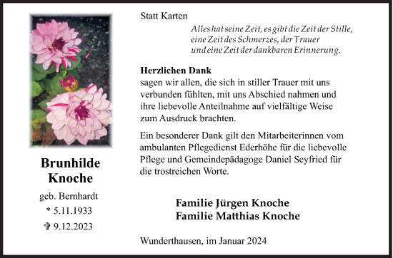 Traueranzeige von Brunhilde Knoche von Siegener Zeitung