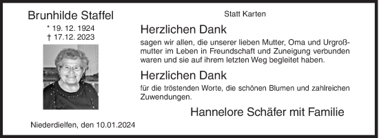 Traueranzeige von Brunhilde Staffel von Siegener Zeitung