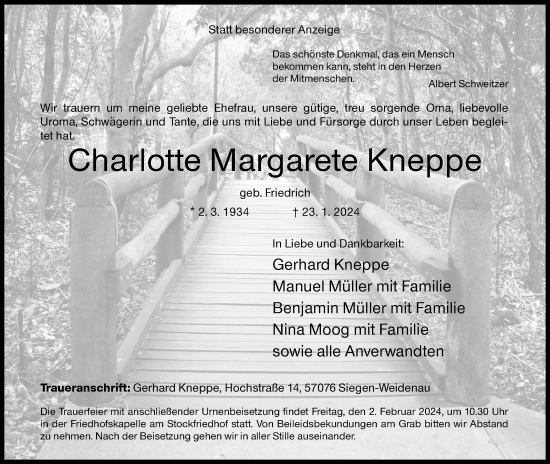 Traueranzeige von Charlotte Margarete Kneppe von Siegener Zeitung