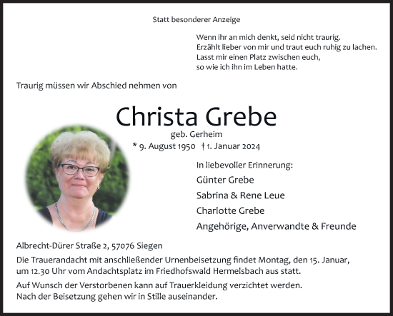 Traueranzeige von Christa Grebe von Siegener Zeitung