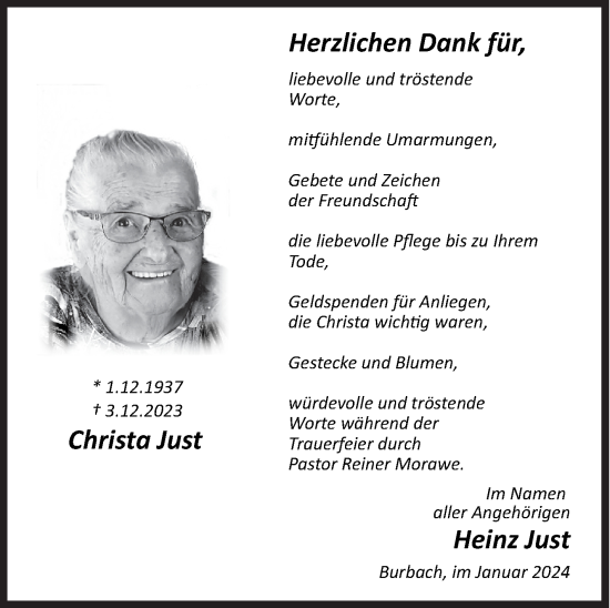 Traueranzeige von Christa Just von Siegener Zeitung