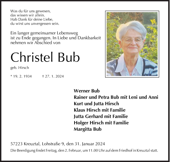 Traueranzeige von Christel Bub von Siegener Zeitung