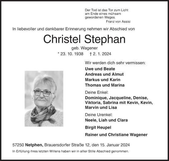 Traueranzeige von Christel Stephan von Siegener Zeitung