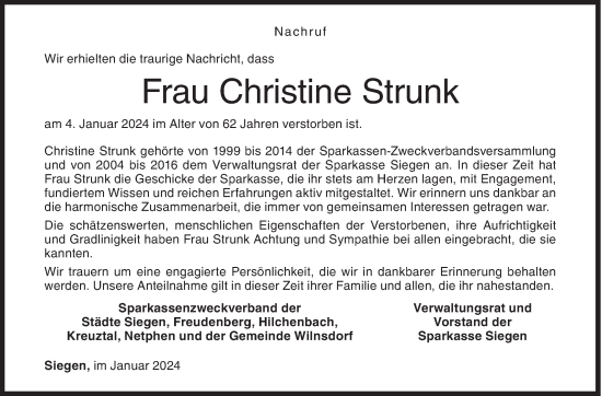 Traueranzeige von Christine Strunk von Siegener Zeitung