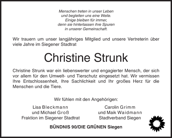 Traueranzeige von Christine Strunk von Siegener Zeitung