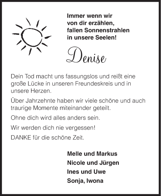Traueranzeige von Denise  von Siegener Zeitung
