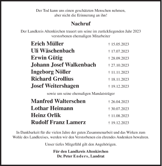 Traueranzeige von Der Landkreis Altenkirchen trauert um seine im zurückliegenden Jahr 2023 verstorbenen ehemaligen Mitarbeiter  von Siegener Zeitung