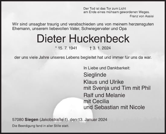 Traueranzeige von Dieter Huckenbeck von Siegener Zeitung