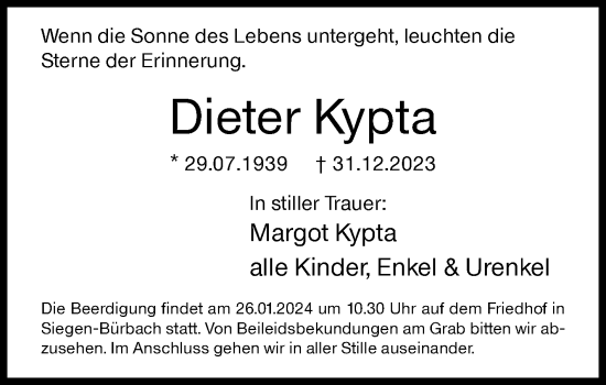 Traueranzeige von Dieter Kypta von Siegener Zeitung