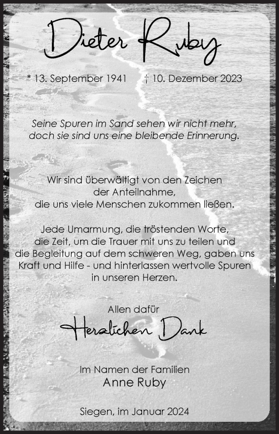 Traueranzeige von Dieter Ruby von Siegener Zeitung