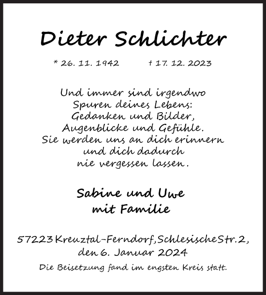Traueranzeige von Dieter Schlichter von Siegener Zeitung