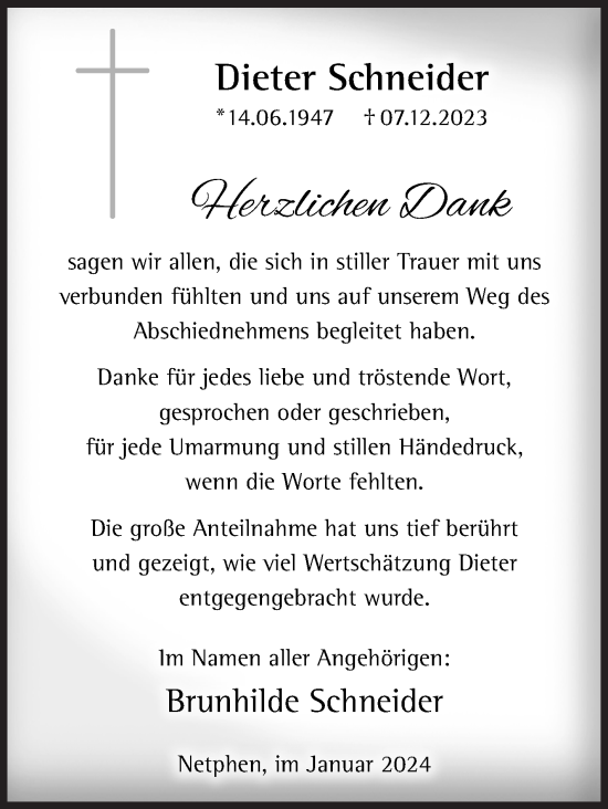Traueranzeige von Dieter Schneider von Siegener Zeitung