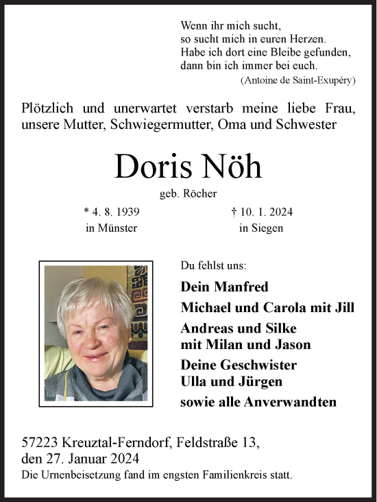 Traueranzeige von Doris Nöh von Siegener Zeitung
