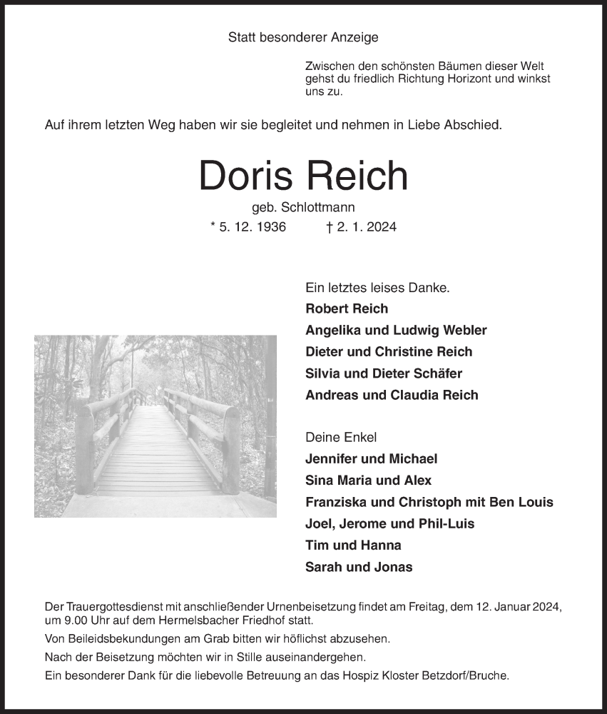  Traueranzeige für Doris Reich vom 09.01.2024 aus Siegener Zeitung